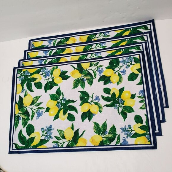 Lemon Citrus Placemats, Set of 4, Fabric Reversible Blue, Washable 17x11 NEW - Picture 1 of 7